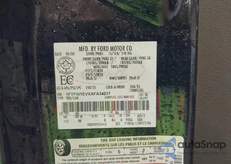 2010 Ford F-150 Fx4/Harley-Davidson/King Ranch/Lariat/Platinum/Xl/Xlt z USA, uszkodzony, nr VIN 1FTFW1EVXAFA34237